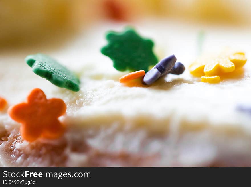 Cake decoration with candy closeup