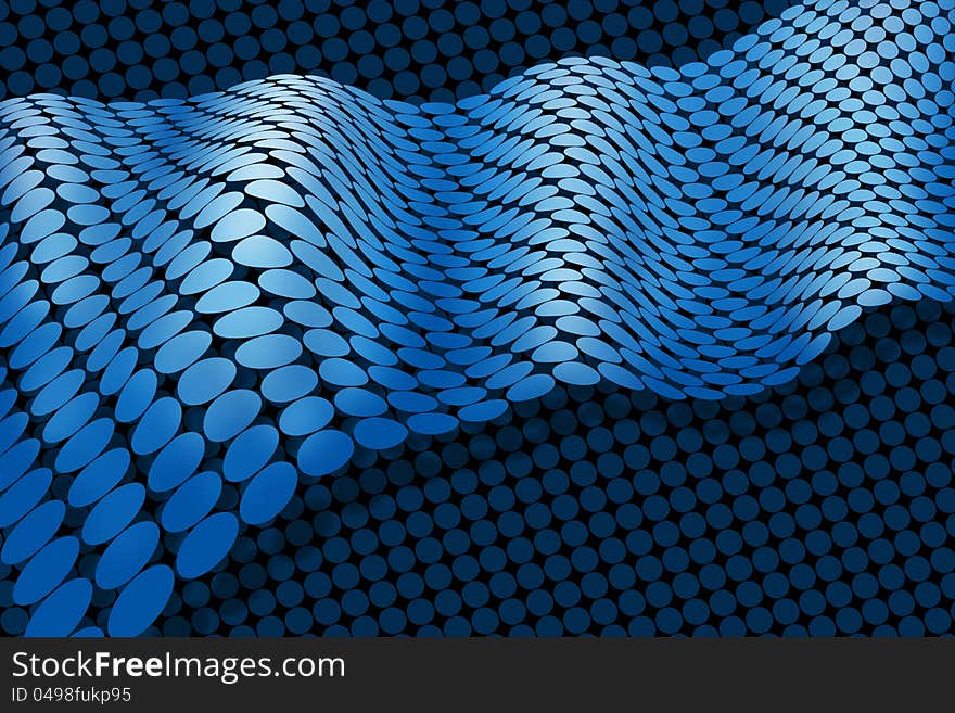 Abstract blue colored, circular platelets comprise a ribbon membrane with waves or ripples propagating through it. Background is a flat membrane of circular disks. Abstract blue colored, circular platelets comprise a ribbon membrane with waves or ripples propagating through it. Background is a flat membrane of circular disks.