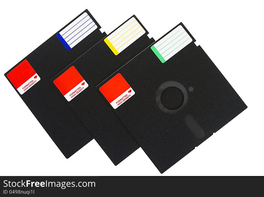 3 old school floppy disks, isolated on white background. 3 old school floppy disks, isolated on white background.