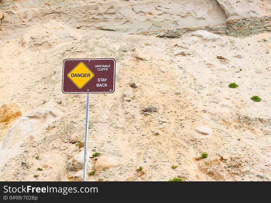 Danger sign, unstable sign at a mountain