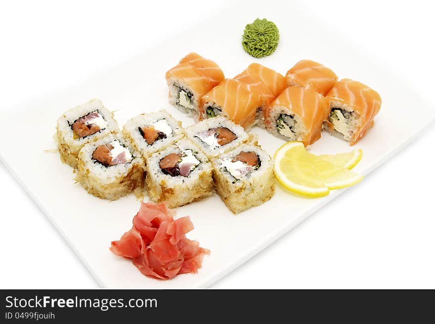 Japanese sushi on a white plate at a Japanese restaurant