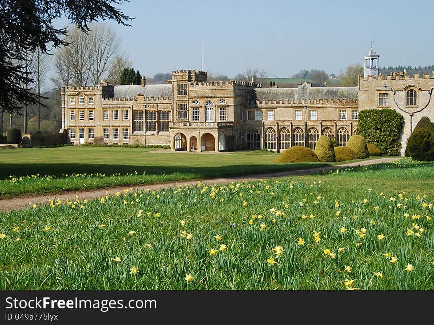 Spring daffodils on lawn with abbey facade behind. Spring daffodils on lawn with abbey facade behind