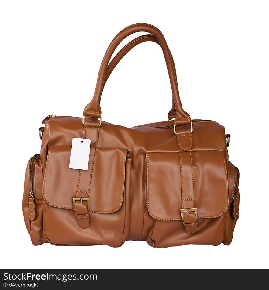 Brown leather handbag on isolated background