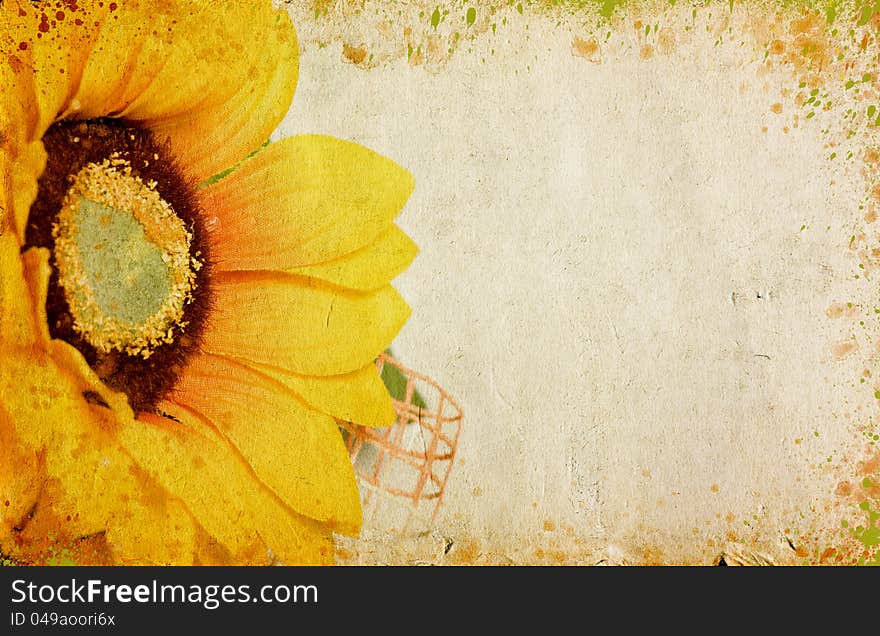 Grunge retro background with sunflowers and copy space. Grunge retro background with sunflowers and copy space