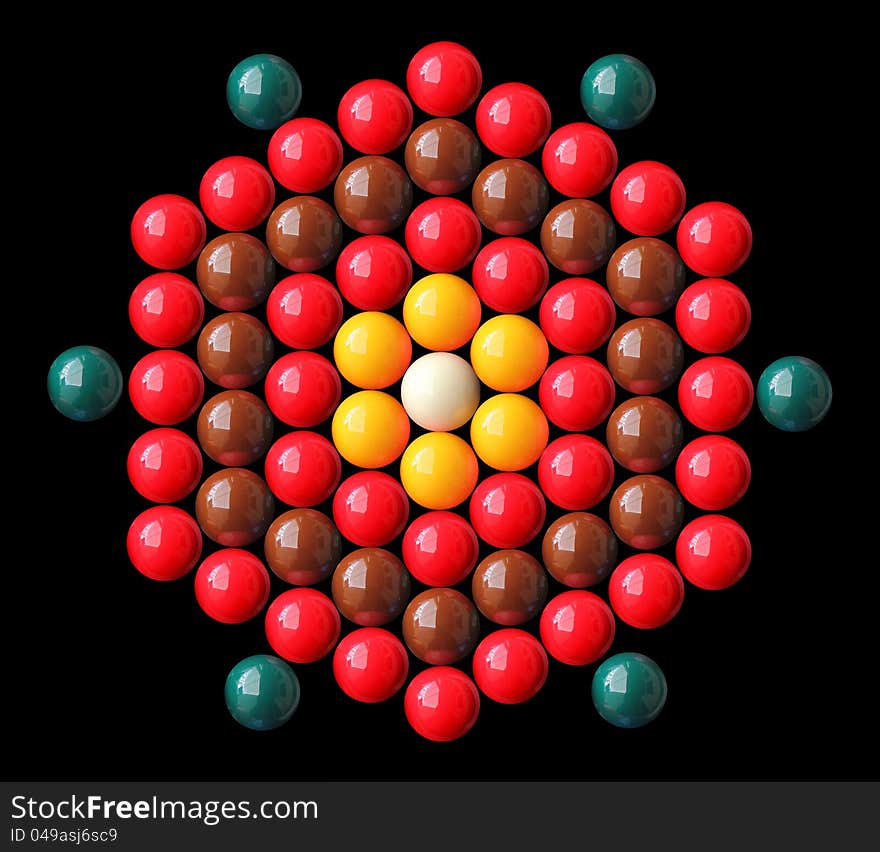 Colorful snooker balls arrange in hexagonal shape with white and yellow balls in center, red, brown, green balls on the periphery