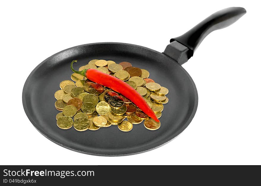 Coins in a frying pan isolated on white background