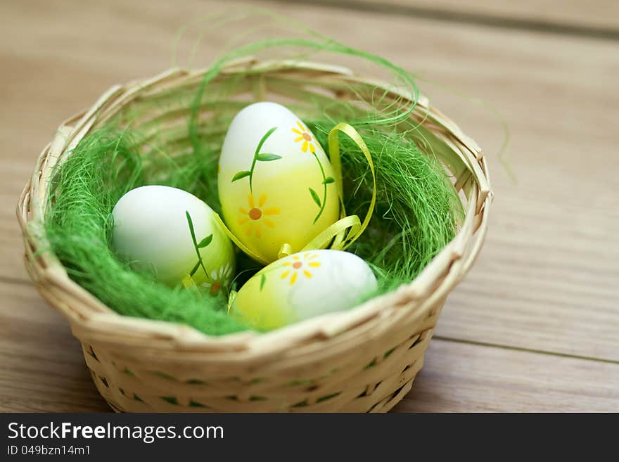 Vintage photo of a basket with easter eggs