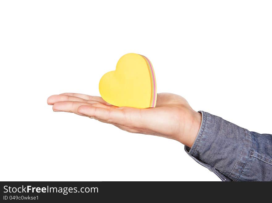 The shape of heart on the palm. On a white background.