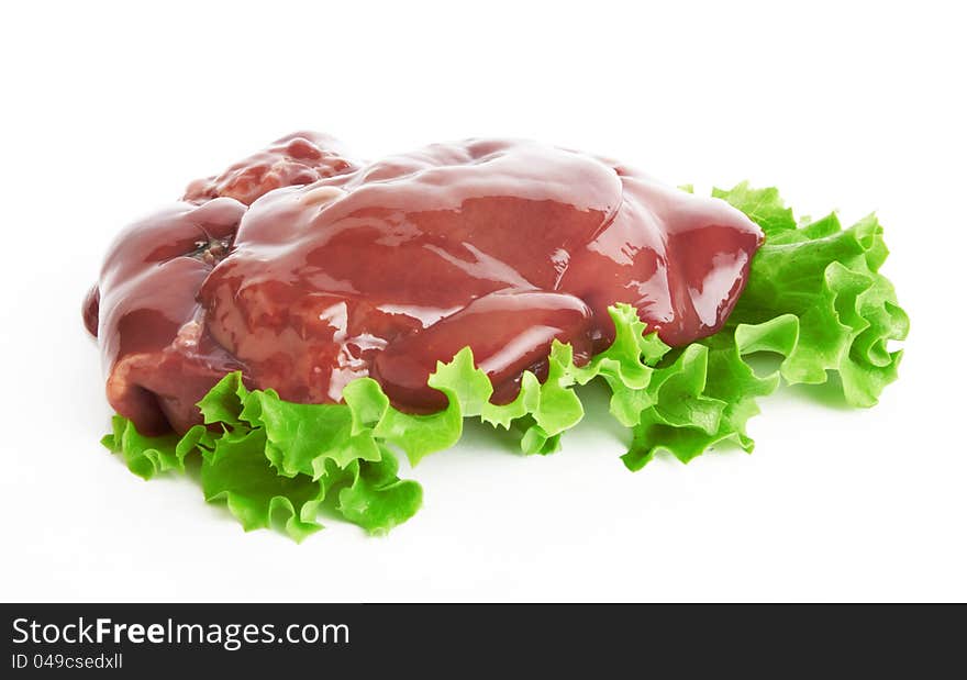 Fresh and raw liver on white background