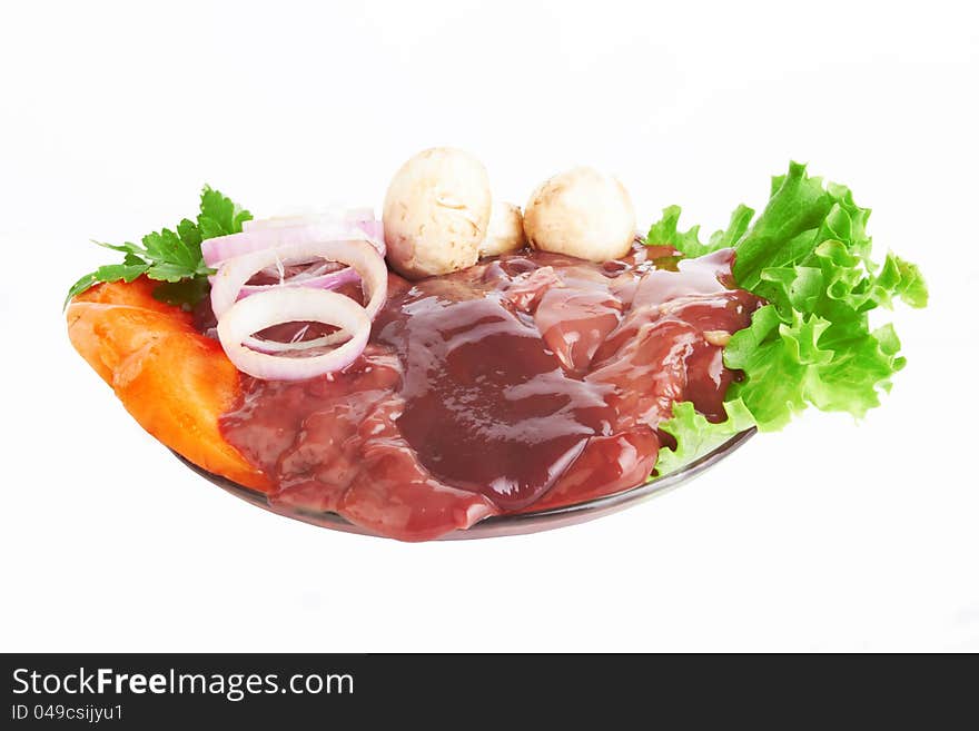 Fresh and raw liver on white background