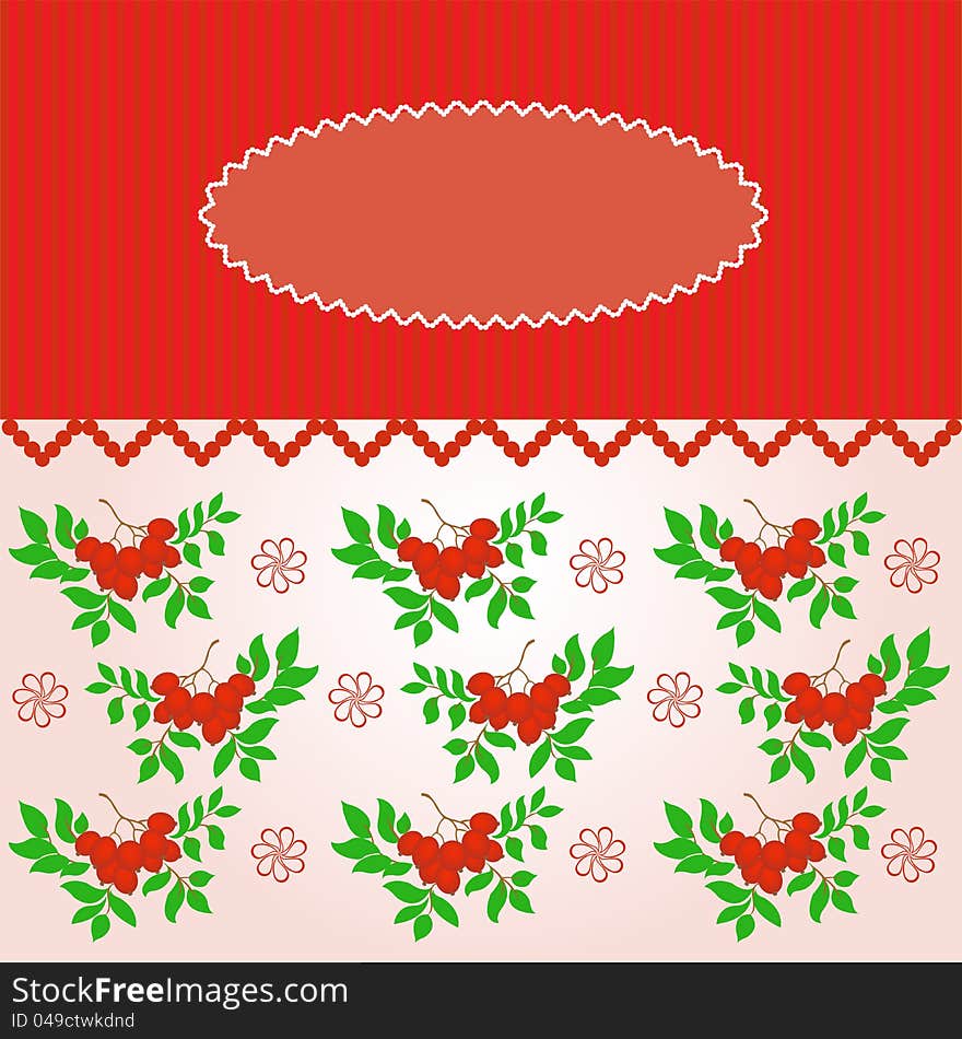 Pink oval frame on a striped background with branches rowanberry. Pink oval frame on a striped background with branches rowanberry