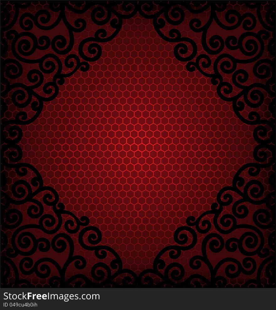 Burgundy  reticulated  background with frame of black curls. Burgundy  reticulated  background with frame of black curls