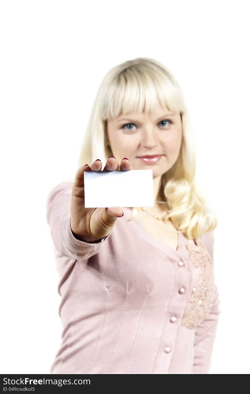 Beautiful girl holding a business card