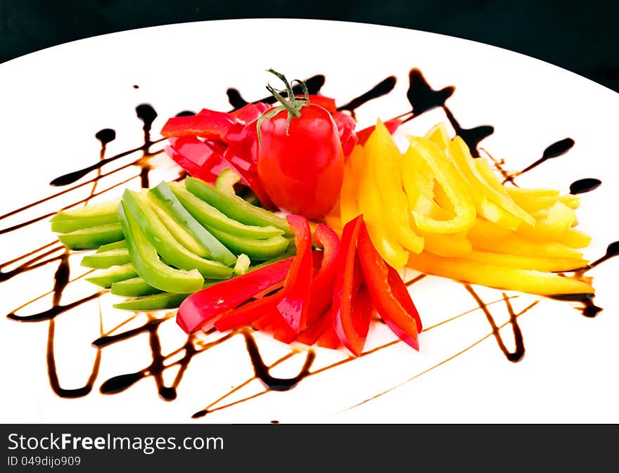 Three color vegetables on decorate plate. Three color vegetables on decorate plate