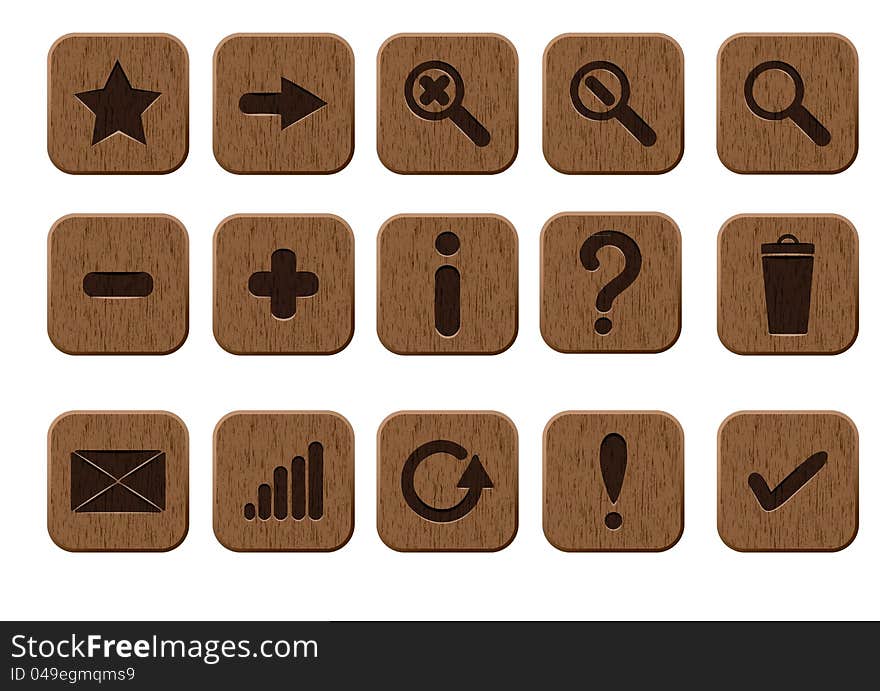 Basic set of 15 wooden icons. Vector illustration eps8. Basic set of 15 wooden icons. Vector illustration eps8