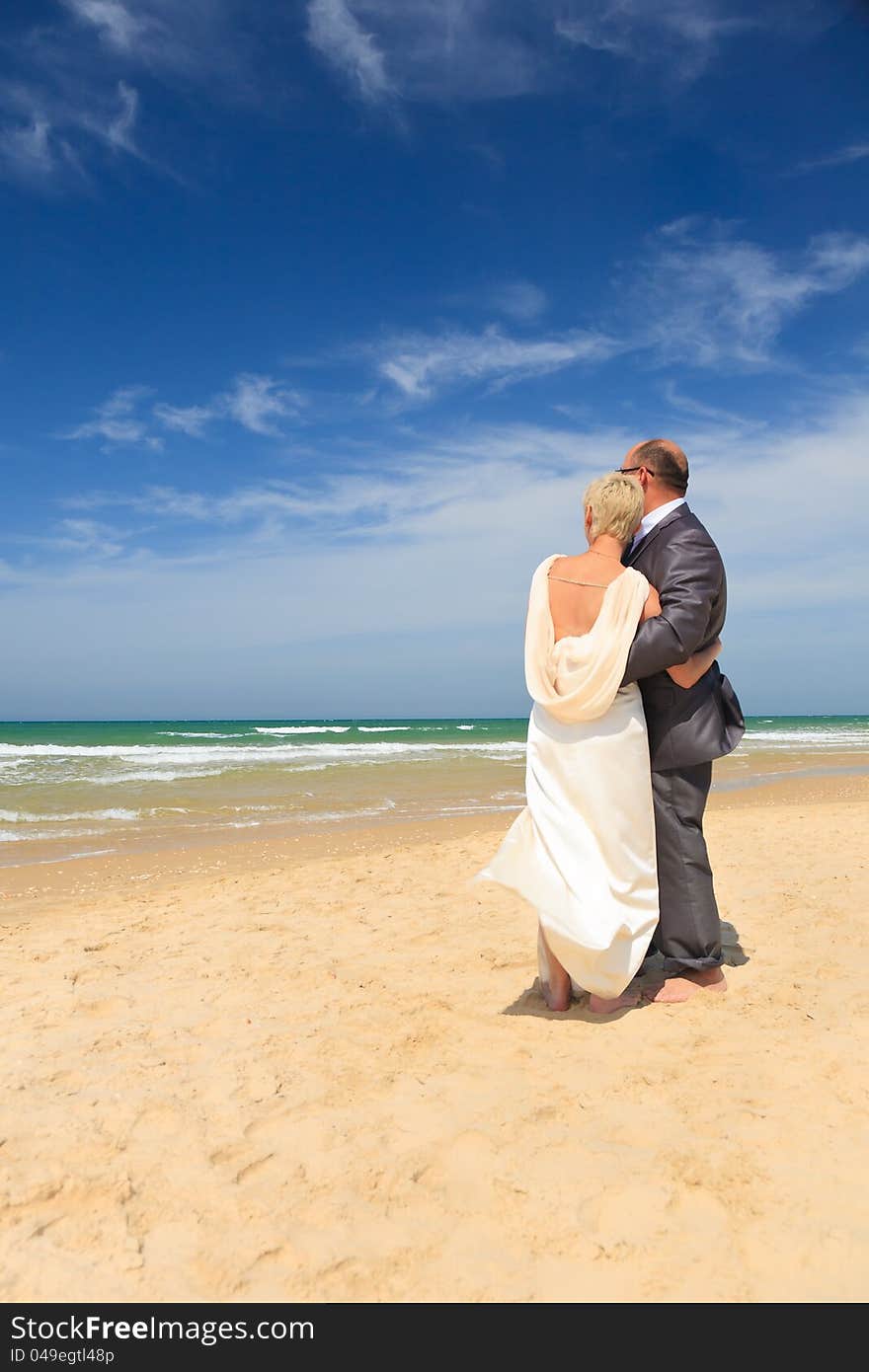 Portrait of back - couple standing together on coast of beach