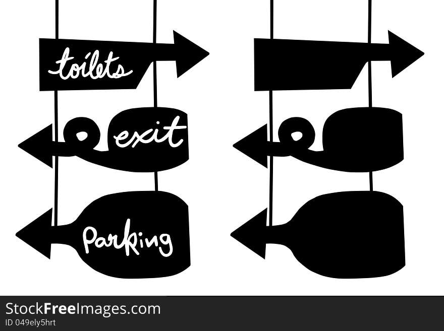 Toilet, Exit, Parking direction sign board and empty sign board, Isolated background