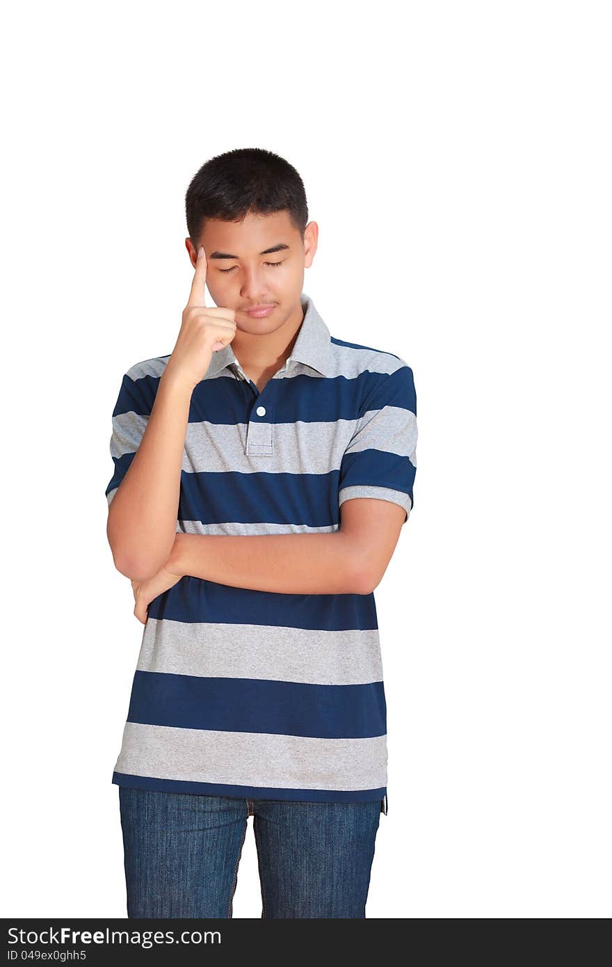 Asian teenage boy standing and thinking, Isolated on white