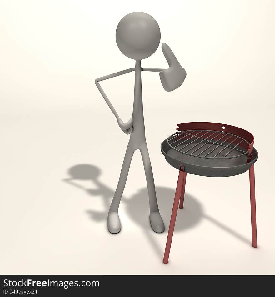 A figure is standing next to a grill. A figure is standing next to a grill