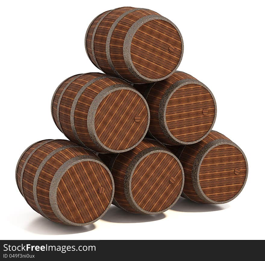 Old wooden barrels on the white background