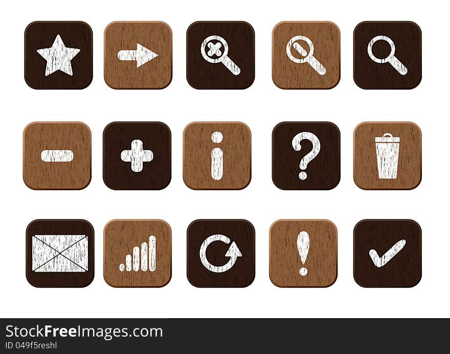 Basic set of 15 wooden icons. Vector illustration eps8. Basic set of 15 wooden icons. Vector illustration eps8