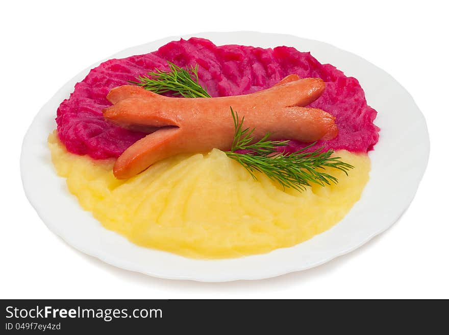 Sausage with mashed potato and mashed  beet