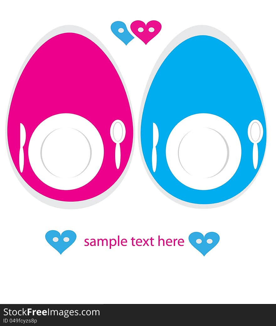 Set of plates and spoons on the trays in the form of eggs. Set of plates and spoons on the trays in the form of eggs