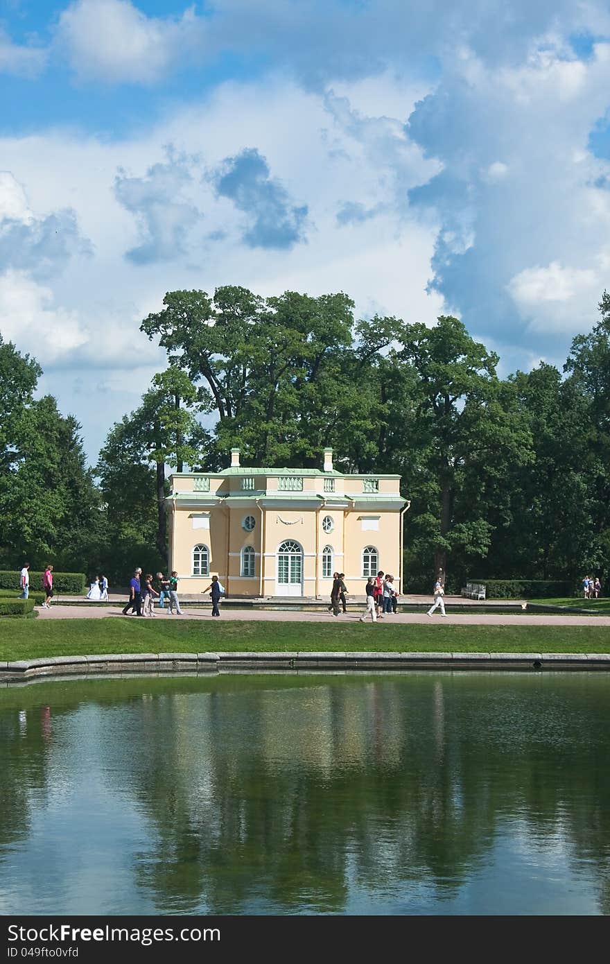 Building of pavilion by pond in Catherine Park, Tsarskoye Selo, Russia.