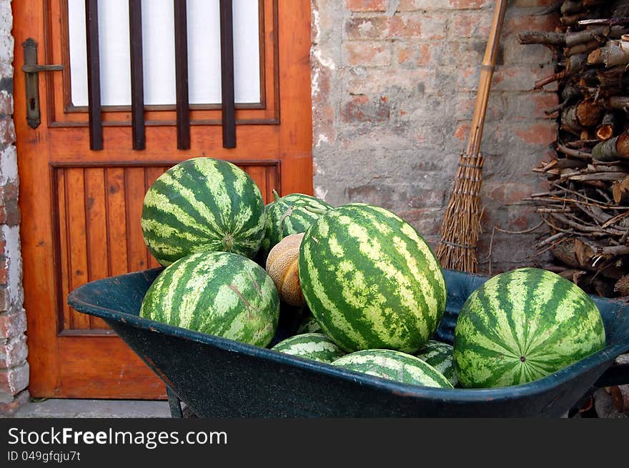 Water melons in a green wheel barrow
