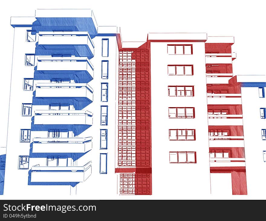 Sketch idea, drawing of modern residential building. Sketch idea, drawing of modern residential building