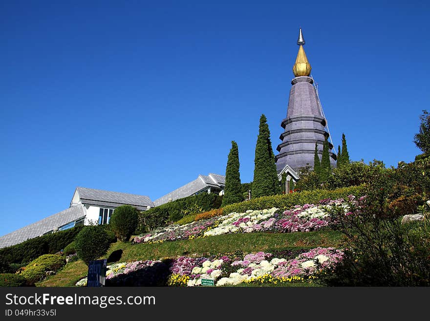 Blue sky at Park Nation Inthanon with pagoda and flower on county Chiang Mai, of Thailand