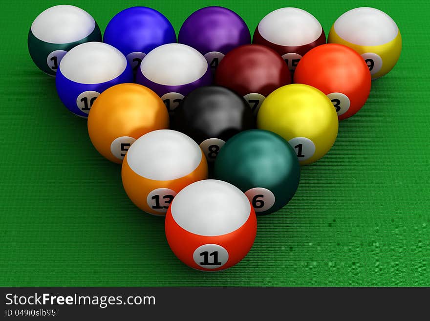 A group of colorful pool balls on a green background. A group of colorful pool balls on a green background