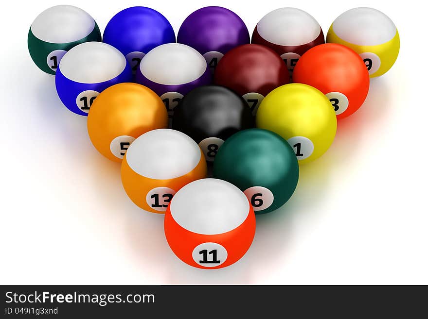 A group of colorful pool balls on a white background. A group of colorful pool balls on a white background