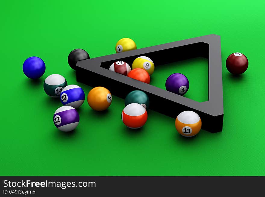 A group of colorful pool balls on a green background. A group of colorful pool balls on a green background