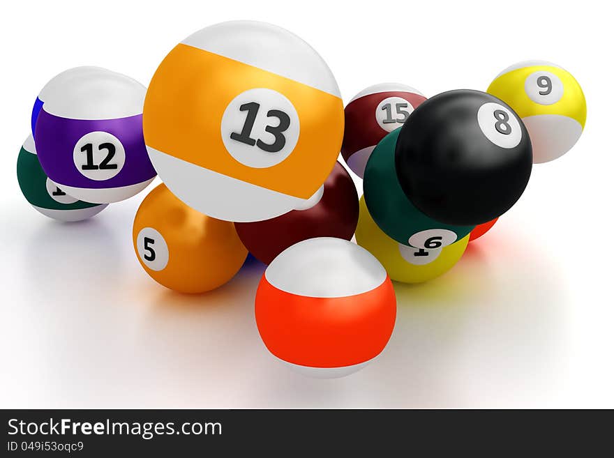 A group of colorful pool balls on a white background. A group of colorful pool balls on a white background