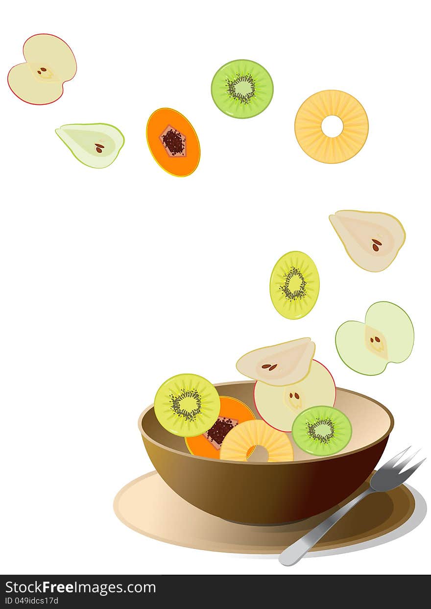 Bowl with sliced colorful fruits, Isolated on white.