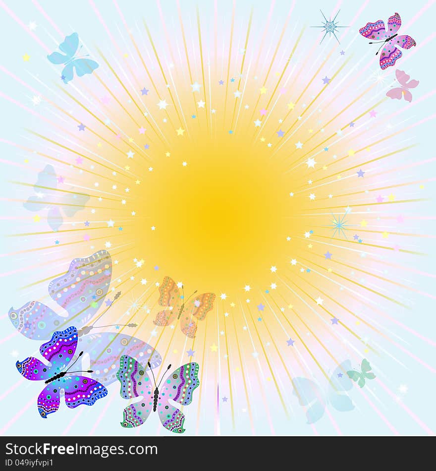 Abstract spring frame with sun, rays and transparent butterflies (vector EPS 10). Abstract spring frame with sun, rays and transparent butterflies (vector EPS 10)