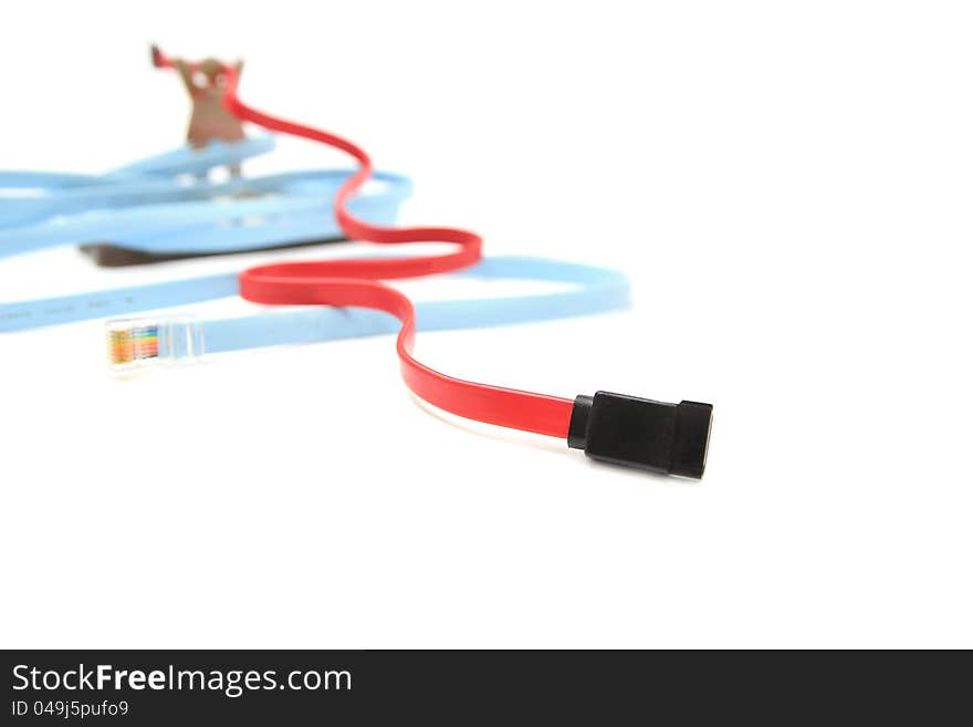 Model and various network cable on white background. Model and various network cable on white background