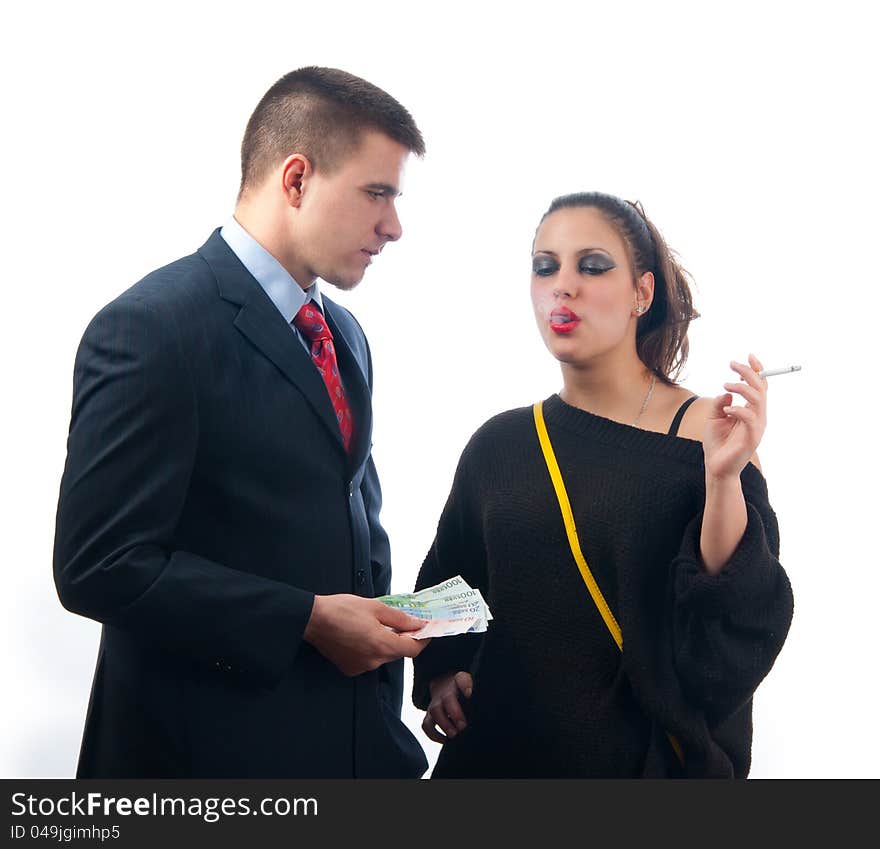 Young Serious Businessman Giving Money To Lady