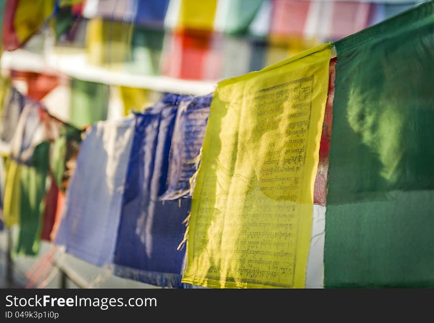 Closeup of Tibetan prayer flags