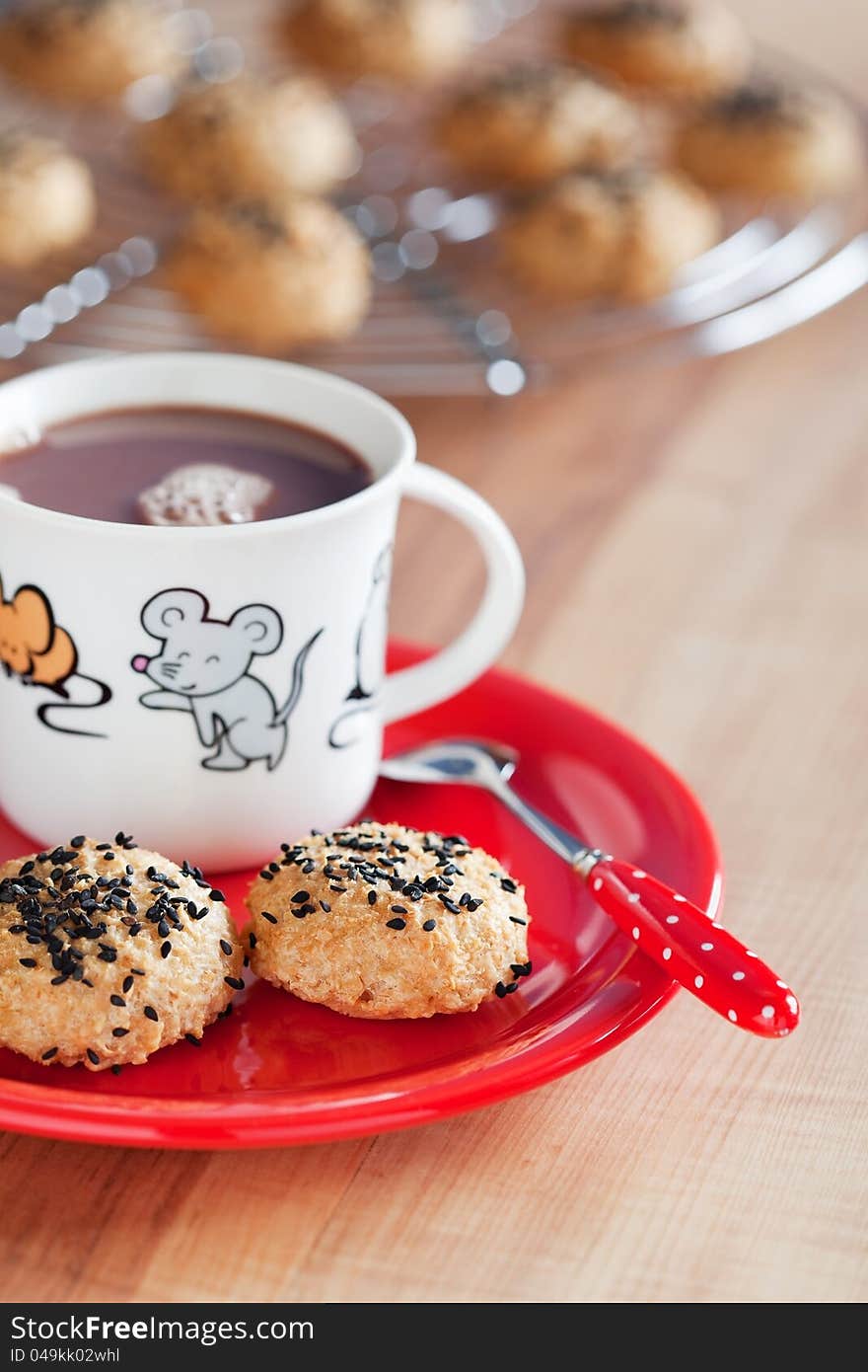 Oatmeal, cheese and sesame cookies, selective focus