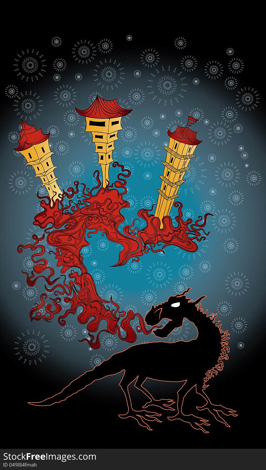 Japanese oriental town and ghost dragon