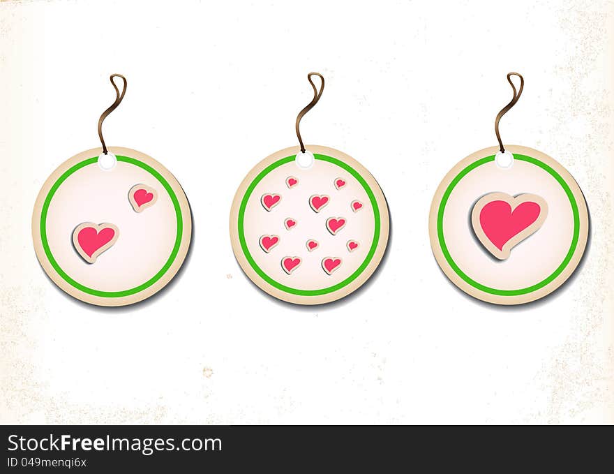A set of round labels with hearts on an old paper. Vector illustration Eps8. A set of round labels with hearts on an old paper. Vector illustration Eps8
