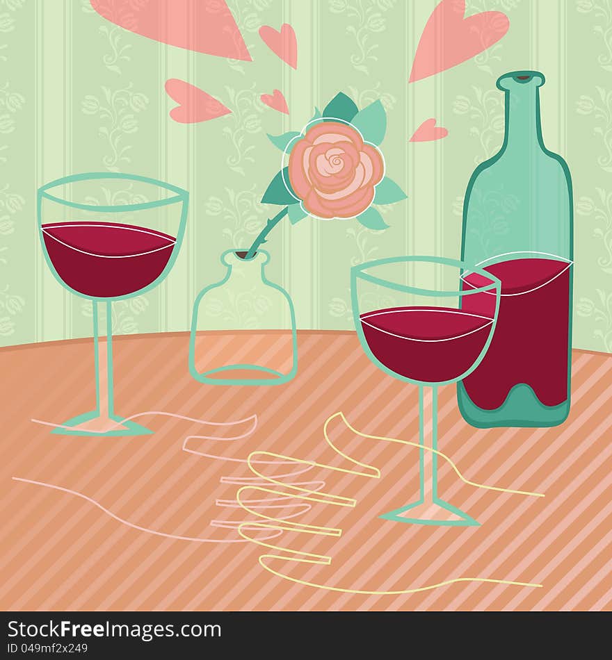 Romantic scene at the cafe table. Two glasses of wine, rose and touching hands. Vector illustration. Romantic scene at the cafe table. Two glasses of wine, rose and touching hands. Vector illustration.