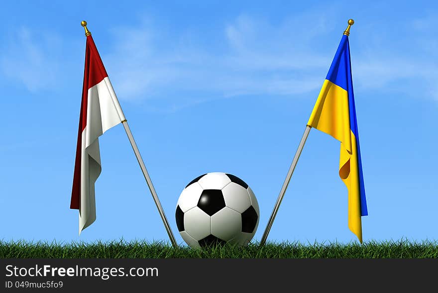 Flags of Ukraine and Poland on a lawn and a soccer ball-rendering. Flags of Ukraine and Poland on a lawn and a soccer ball-rendering