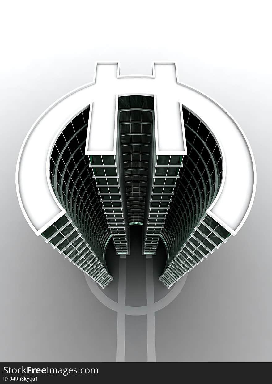 3D render of skyscraper in form of euro symbol. 3D render of skyscraper in form of euro symbol.