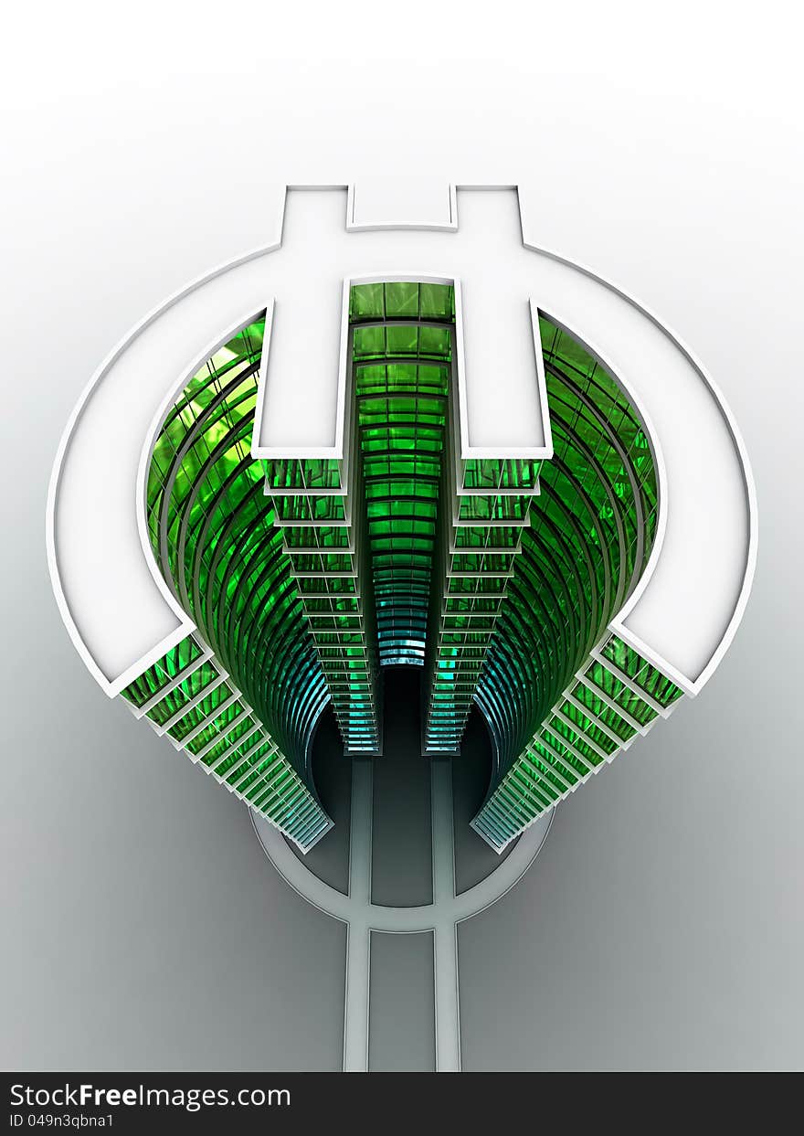 3D render of skyscraper in form of euro symbol. 3D render of skyscraper in form of euro symbol.