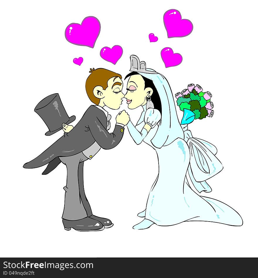 Cartoon style illustration that shows a wedding image of a sweet kiss. Hi-Res image perfect for web, wedding cards, etc...Also available as Adobe Illustrator (AI) format. Cartoon style illustration that shows a wedding image of a sweet kiss. Hi-Res image perfect for web, wedding cards, etc...Also available as Adobe Illustrator (AI) format.