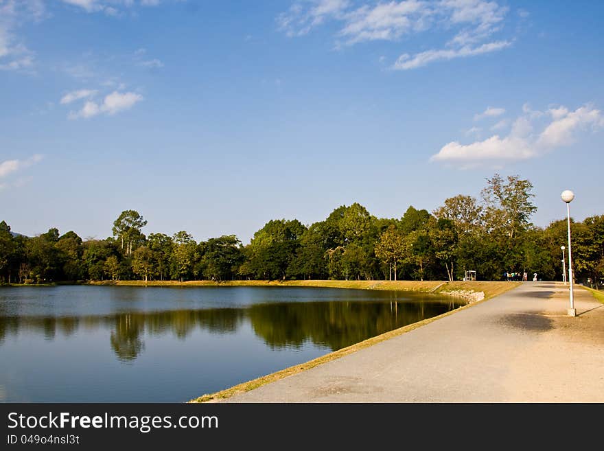 Reservoir with blue sky