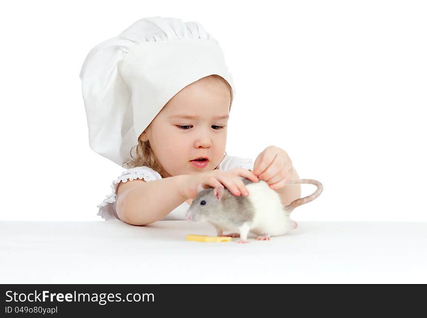 Chef girl playing with domestic rat. Chef girl playing with domestic rat